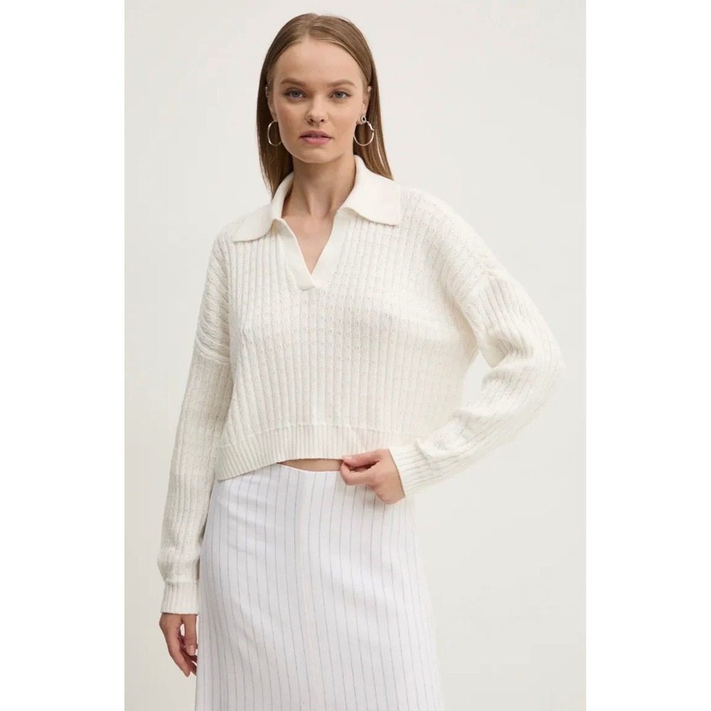 Hollister Womens White Cropped Cable Knit Polo Sweater V-Neck Long Sleeve M